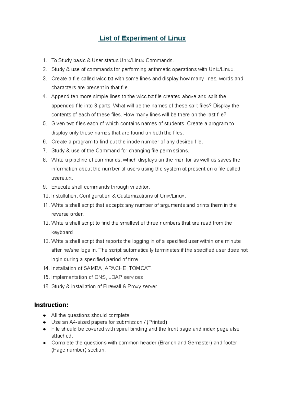 Linux Experiments List for Unix/Linux Commands: Course Lab Guide - Studocu