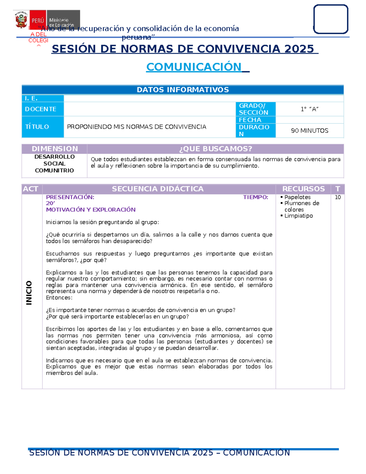 Comunicación 1° - Sesión de Normas de Convivencia 2025 - Studocu