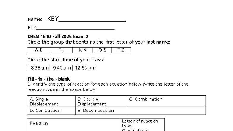 CHEM 1510 Fall 2025 Exam 2 Key and Reaction Types Guide - Studocu