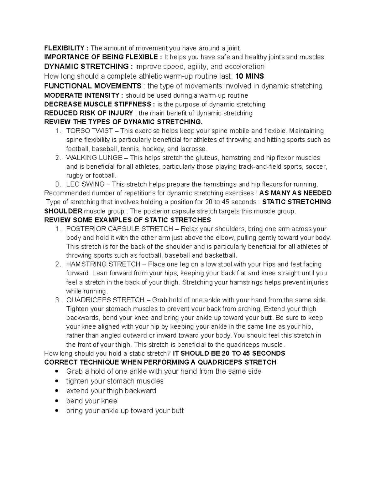 Pathfit - Dynamic & Static Stretching Review Notes - Studocu