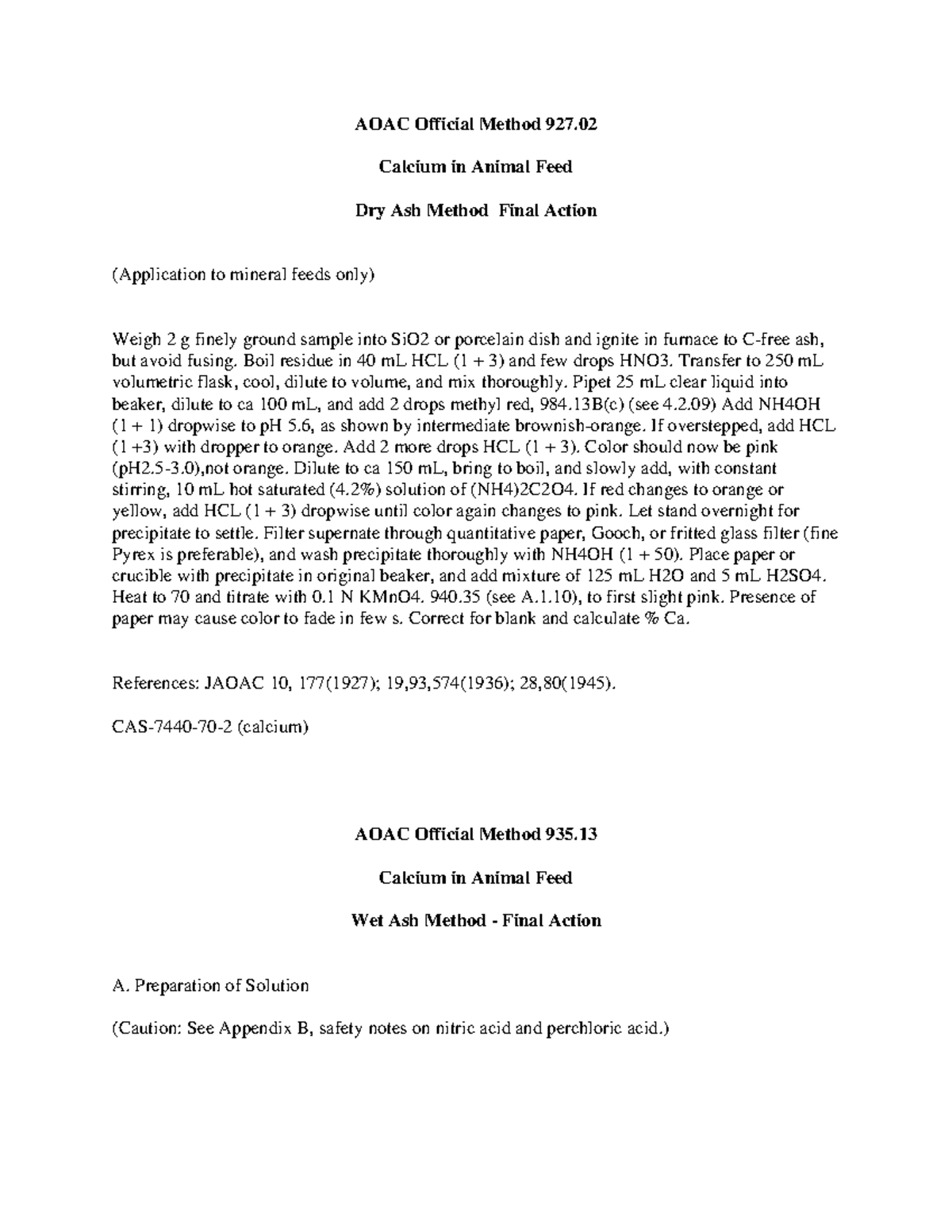 AOAC Method 927: Calcium in Animal Feed - Final Action Procedures - Studocu