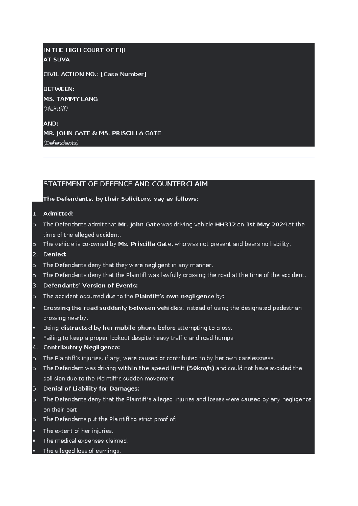 Skeletal 2 - GDLP Assessment: Statement of Defence & Counterclaim - Studocu