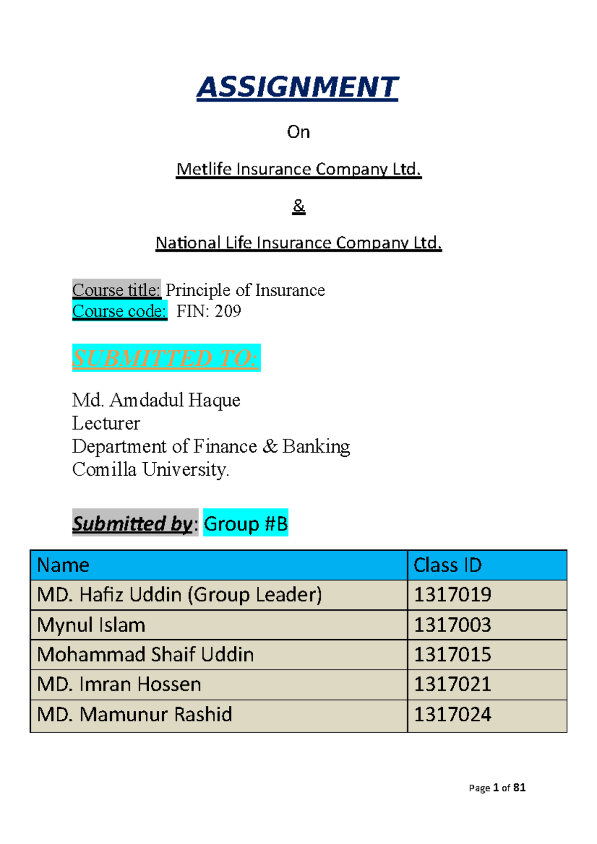 Analysis of Metlife & National Life Insurance (FIN: 209) Assignment ...