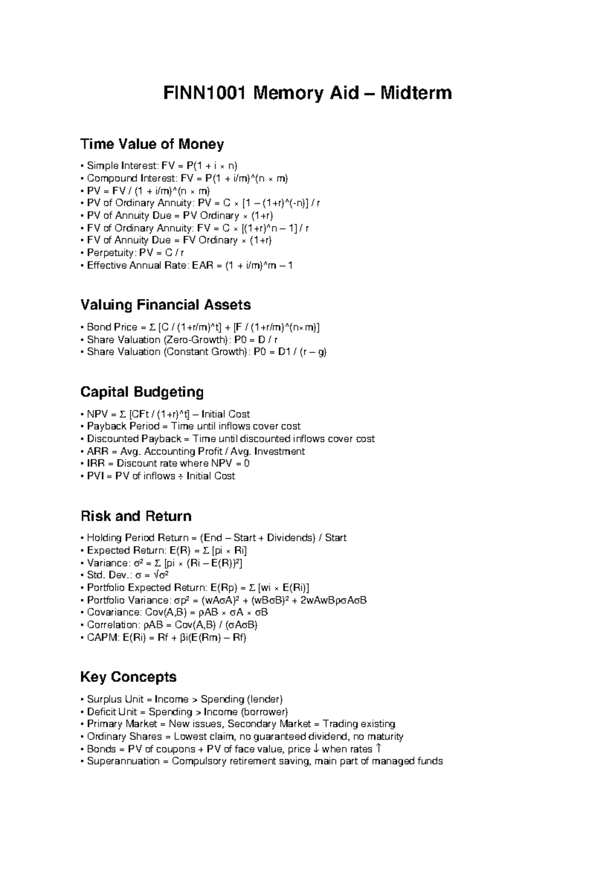 FINN1001 Midterm Memory Aid: Time Value of Money & Key Concepts - Studocu
