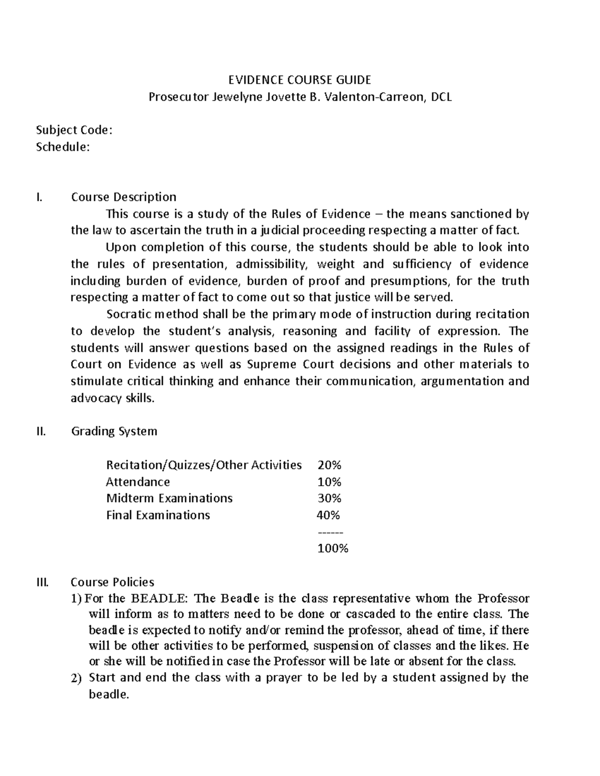 EVIDENCE SYLLABUS - DCL 2023: Course Guide & Exam Structure - Studocu
