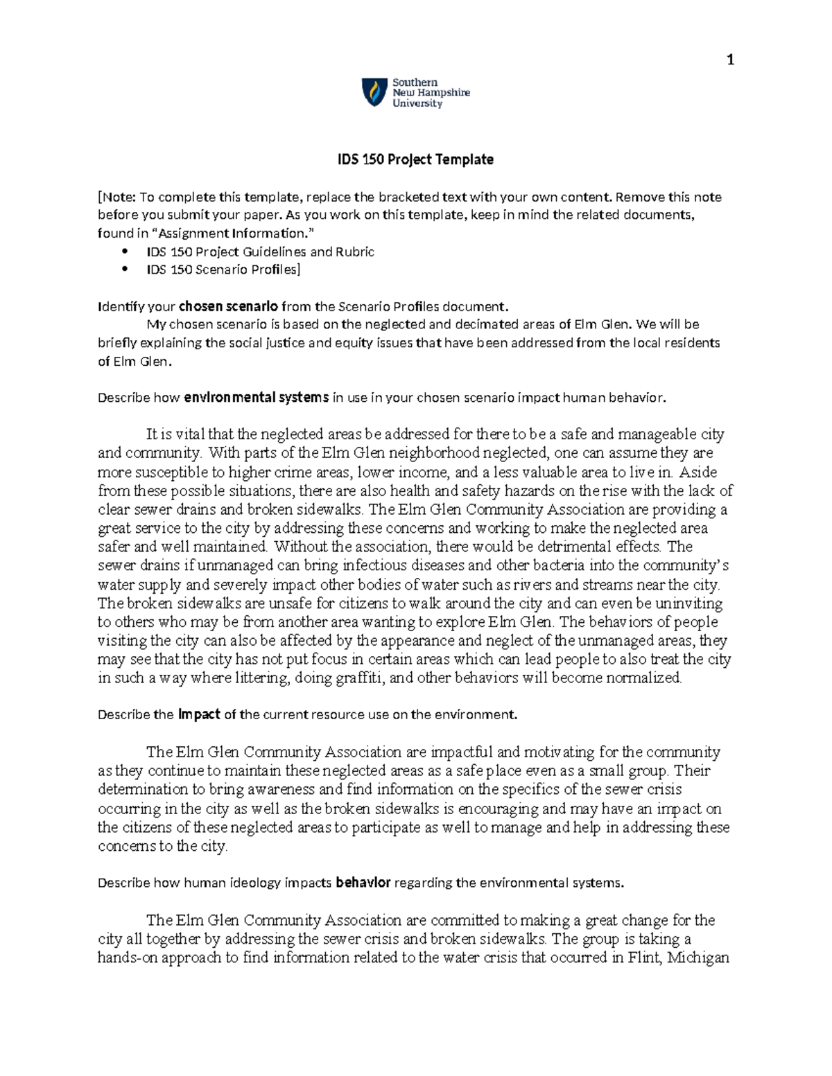 IDS 150 Project Assignment: Addressing Sustainability in Elm Glen - Studocu