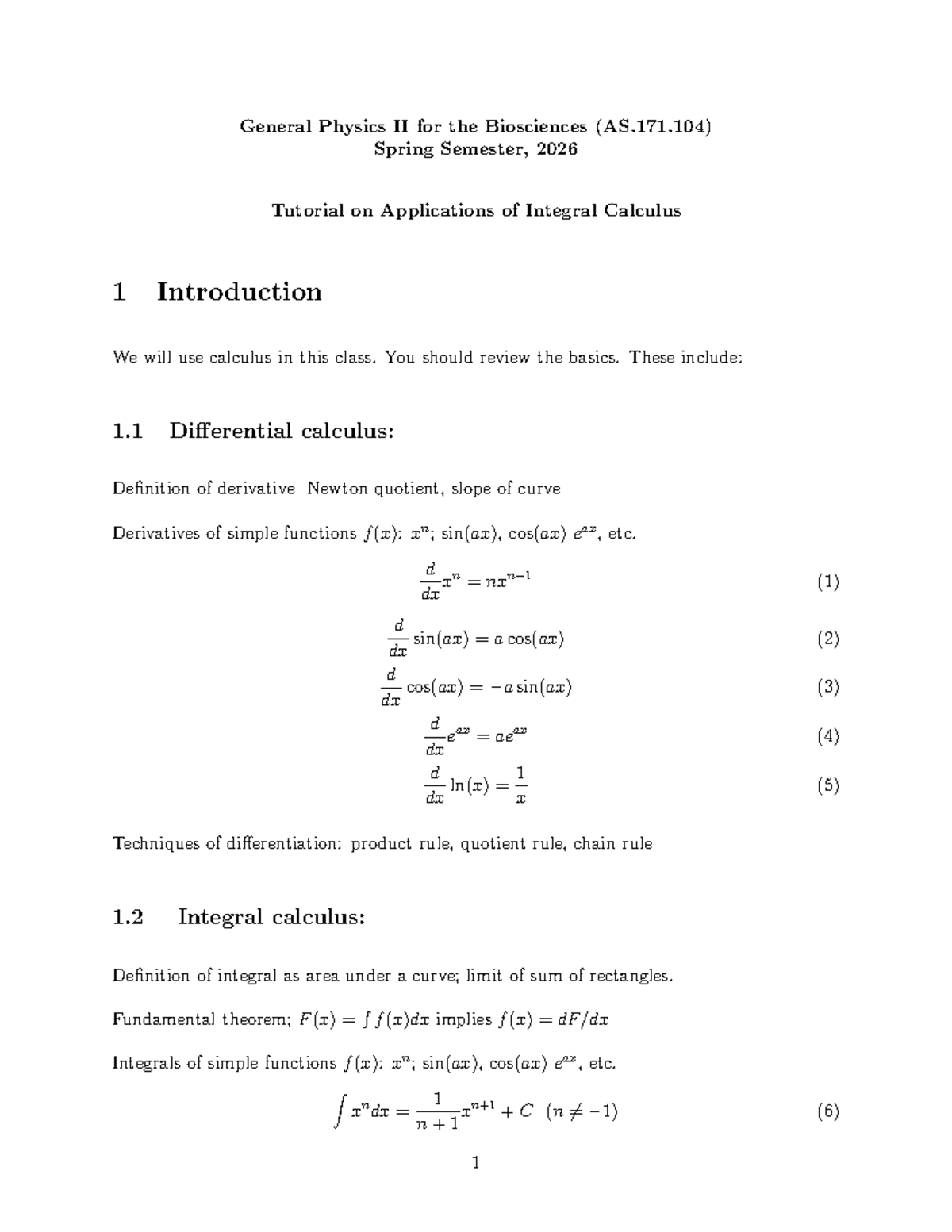Applications of Integral Calculus in General Physics II (AS.171.104 ...