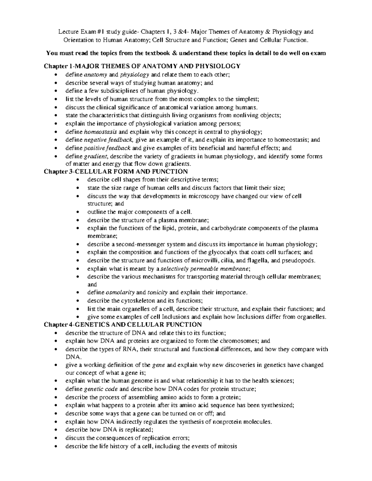 Lecture Exam #1 Study Guide: Anatomy & Physiology (Chs. 1, 3 & 4 ...