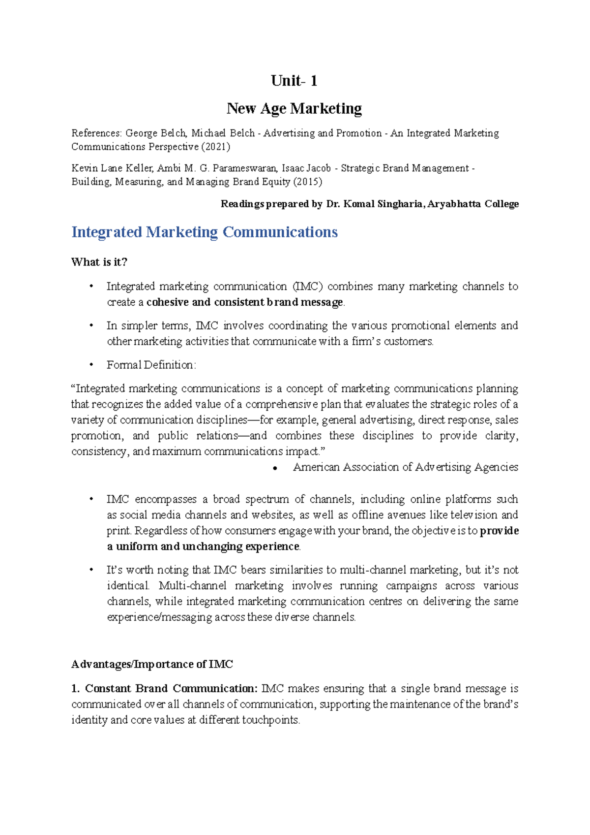 Unit-1 NAM - Comprehensive Notes on Integrated Marketing Communications ...