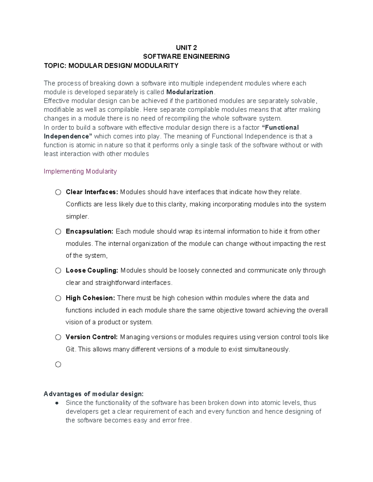 UNIT 2: SOFTWARE ENGINEERING - MODULAR DESIGN NOTES - Studocu