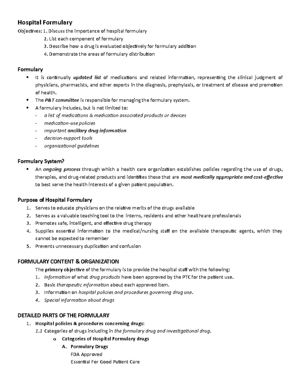 Hospital Formulary Midterm Notes: Key Objectives and Components - Studocu