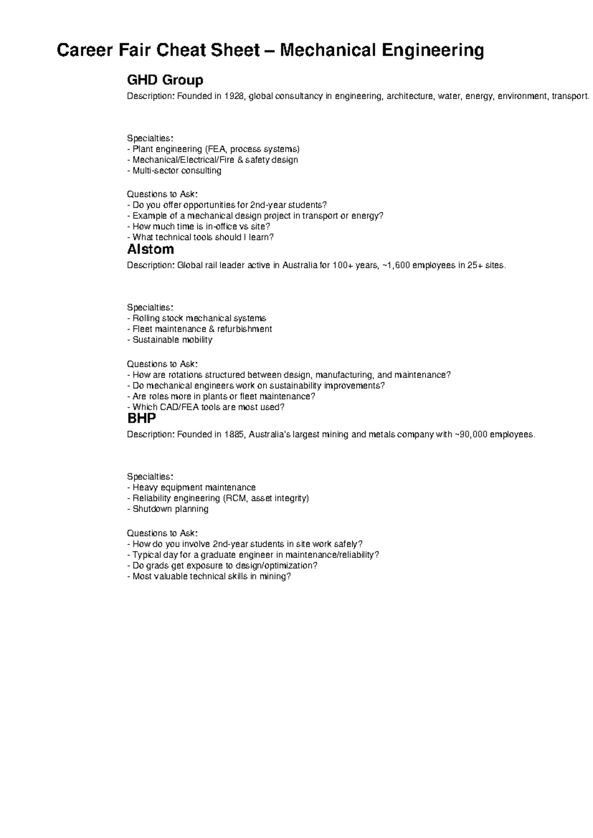 Career Fair Cheat Sheet: Mechanical Engineering Insights - Studocu