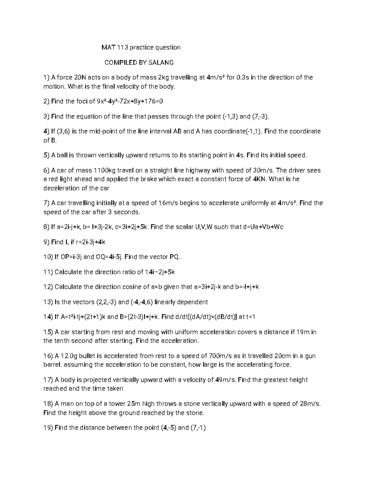 MAT113 Practice Questions for Exam Preparation - Studocu