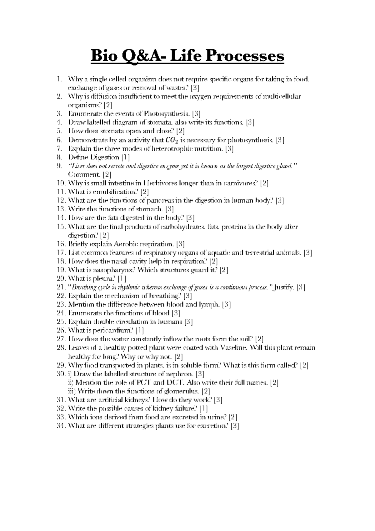 LIFE Processes - Important questions for preboard exam from bio chapter ...