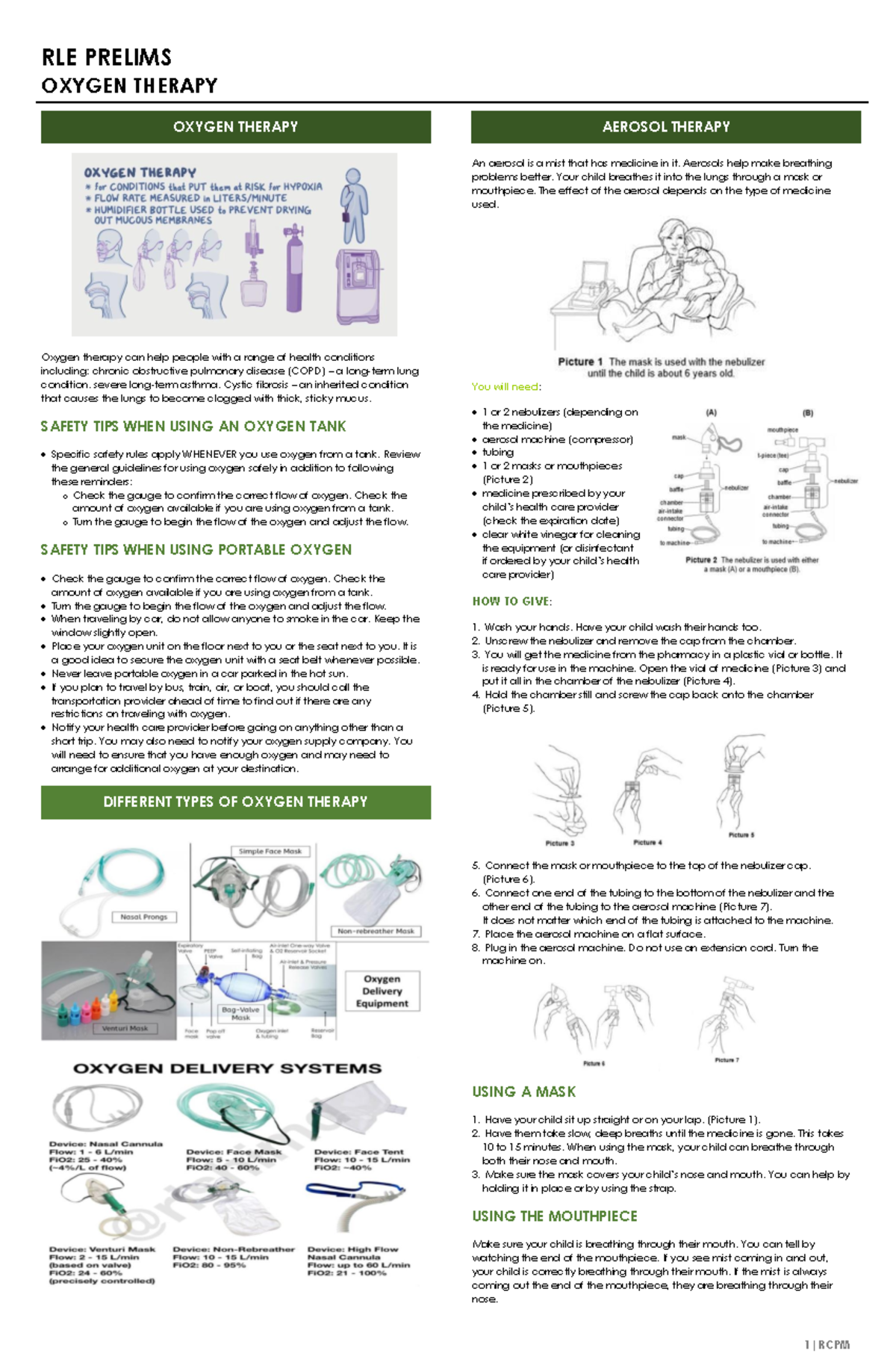 RLE- Oxygen Therapy Prelims Notes - Key Guidelines and Procedures - Studocu