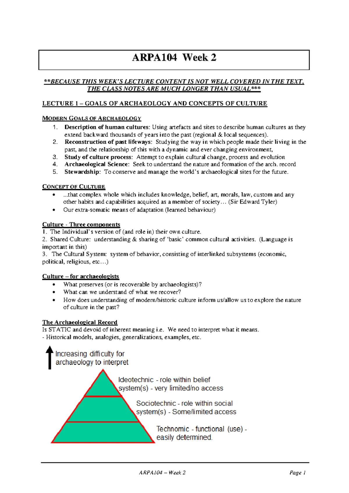 ARPA104 - Week 1 Lecture Notes: Introduction to Archaeology and History ...