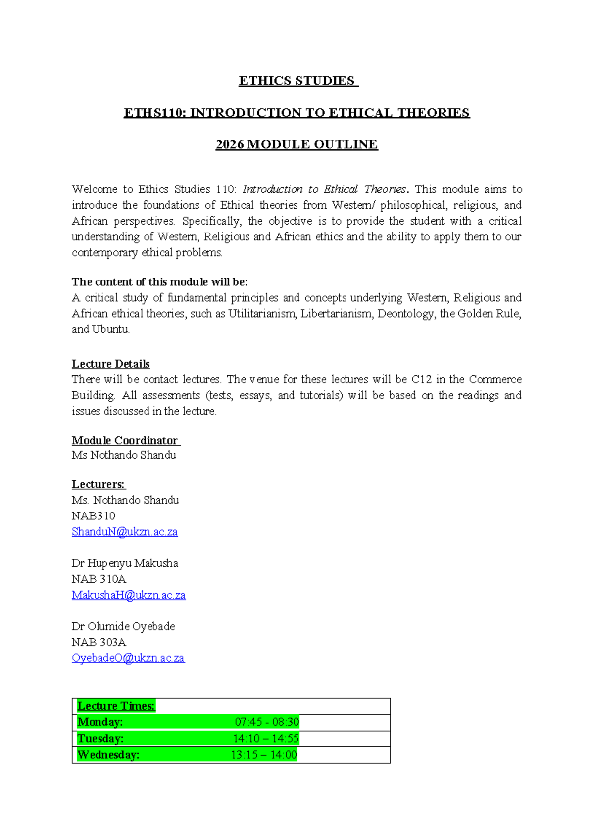 ETHS110: Ethics Studies - Intro to Ethical Theories Module Outline ...