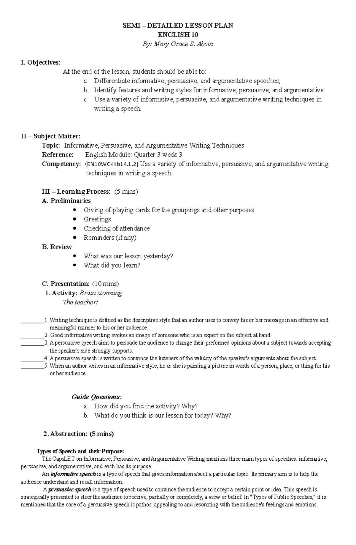 Semi-Detailed Lesson Plan on Informative, Persuasive & Argumentative ...