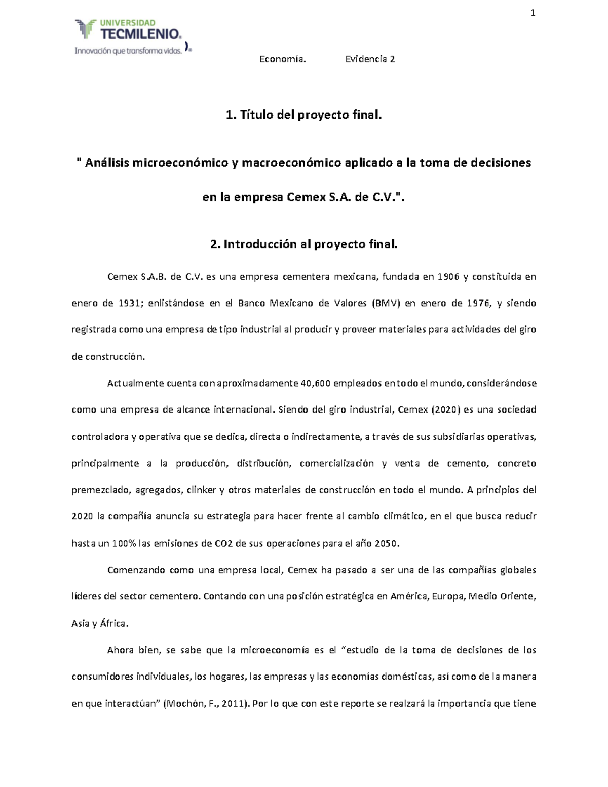 Evidencia 2 Economia-Analisis Cemex Proyecto final - EconomÌa ...