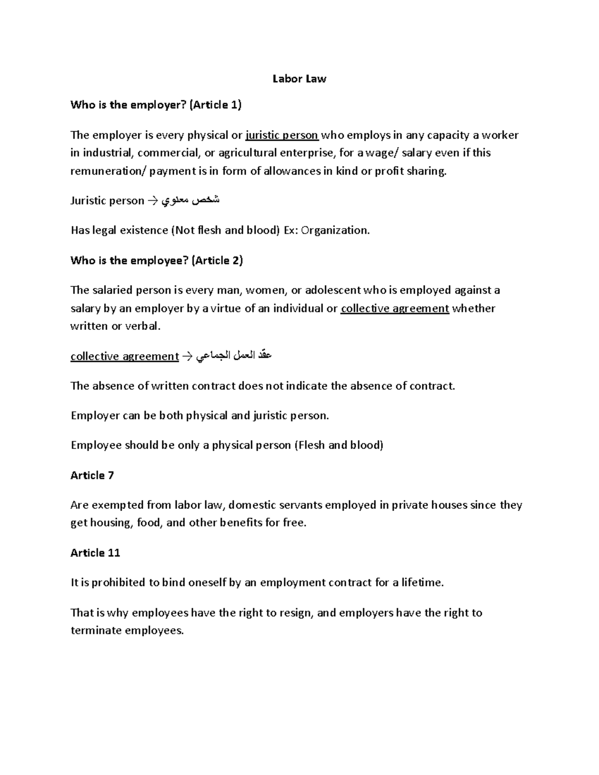 Labor Law Overview - Key Articles and Employment Terms - Studocu