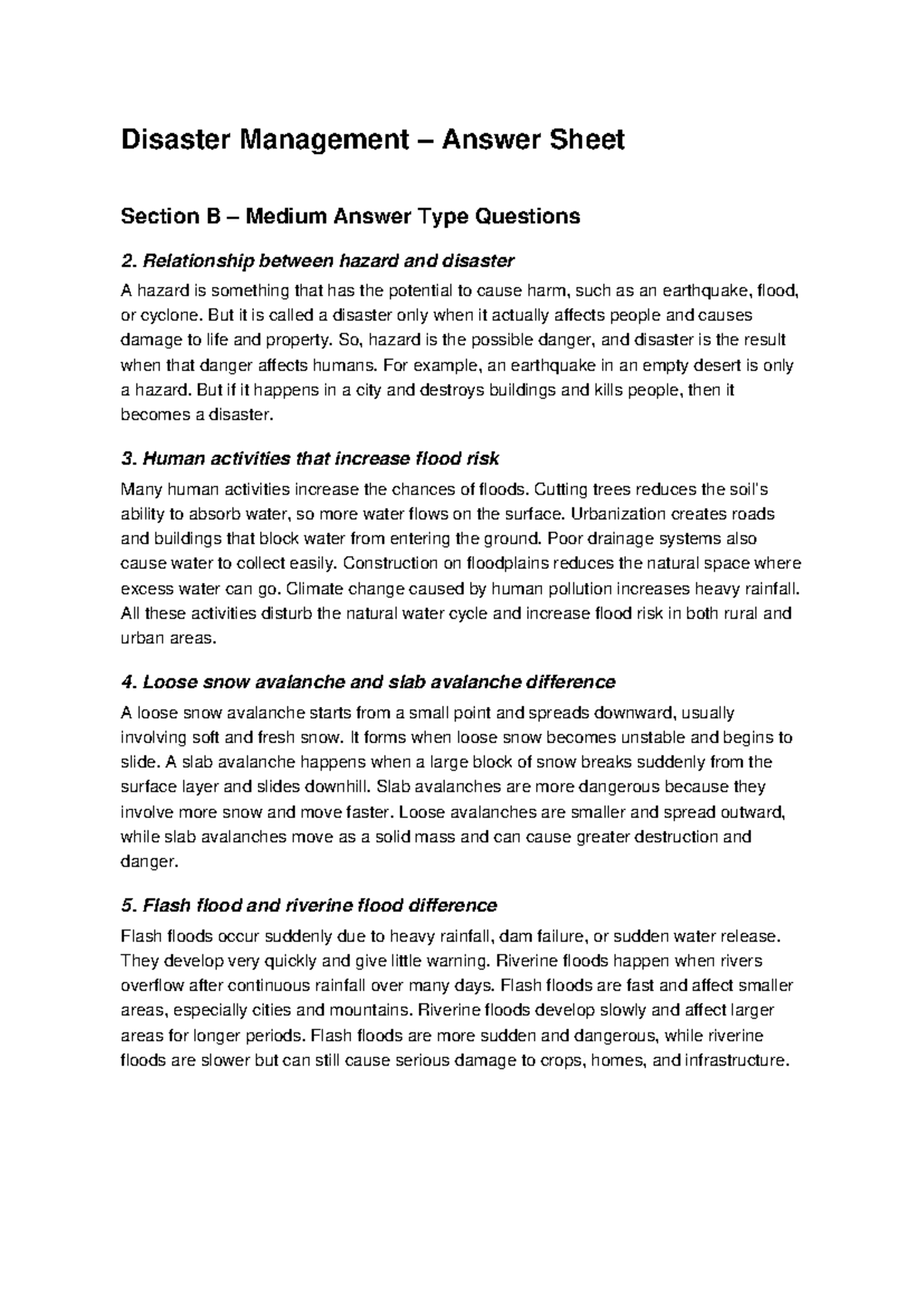 Disaster Management Answers: Section B & C Insights on Hazards and ...