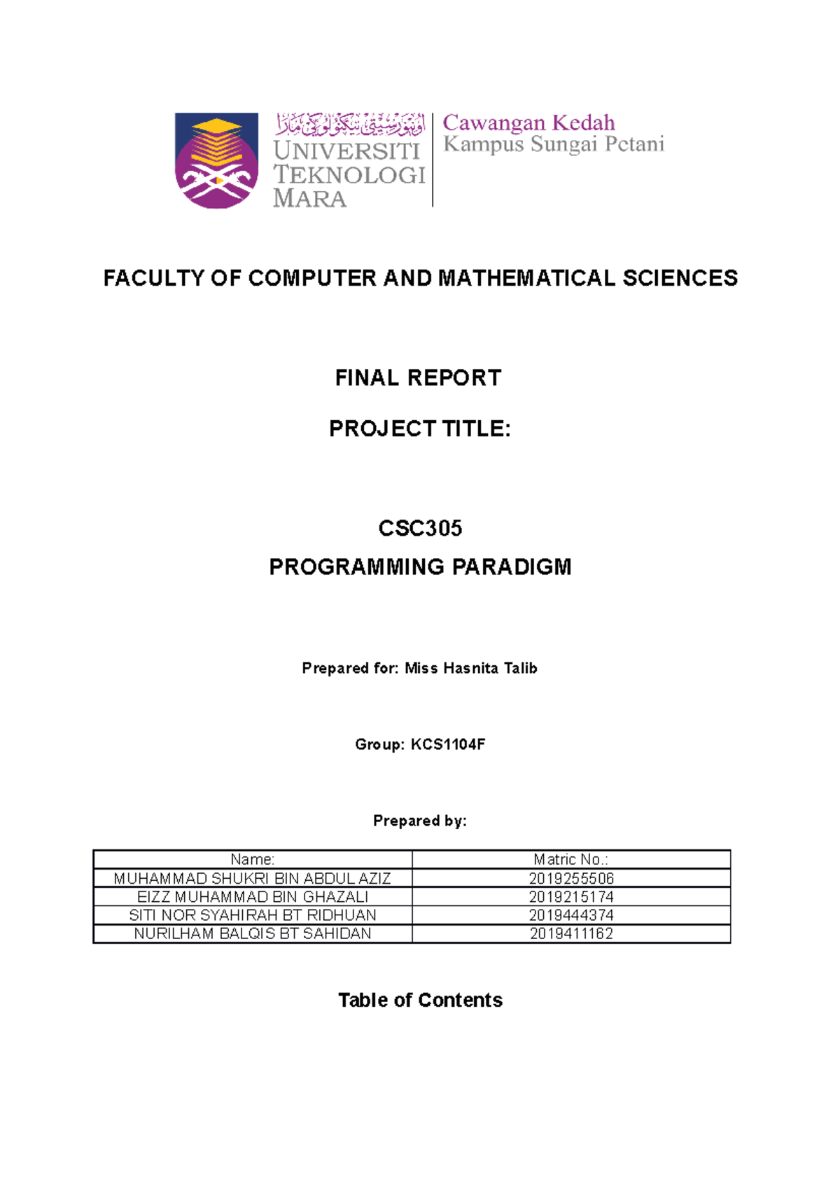 Final Project 305 - FACULTY OF COMPUTER AND MATHEMATICAL SCIENCES FINAL ...