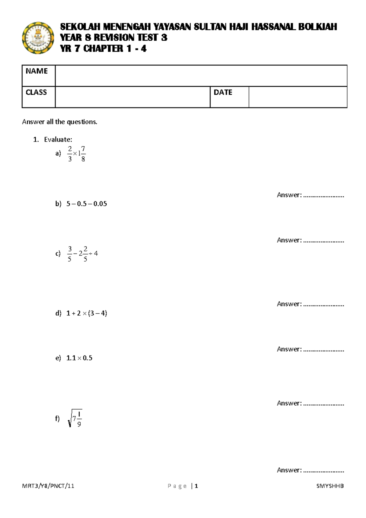 Rev Test 3 Yr 7 C1 4 - Maths Revision Questions and Answers - Studocu