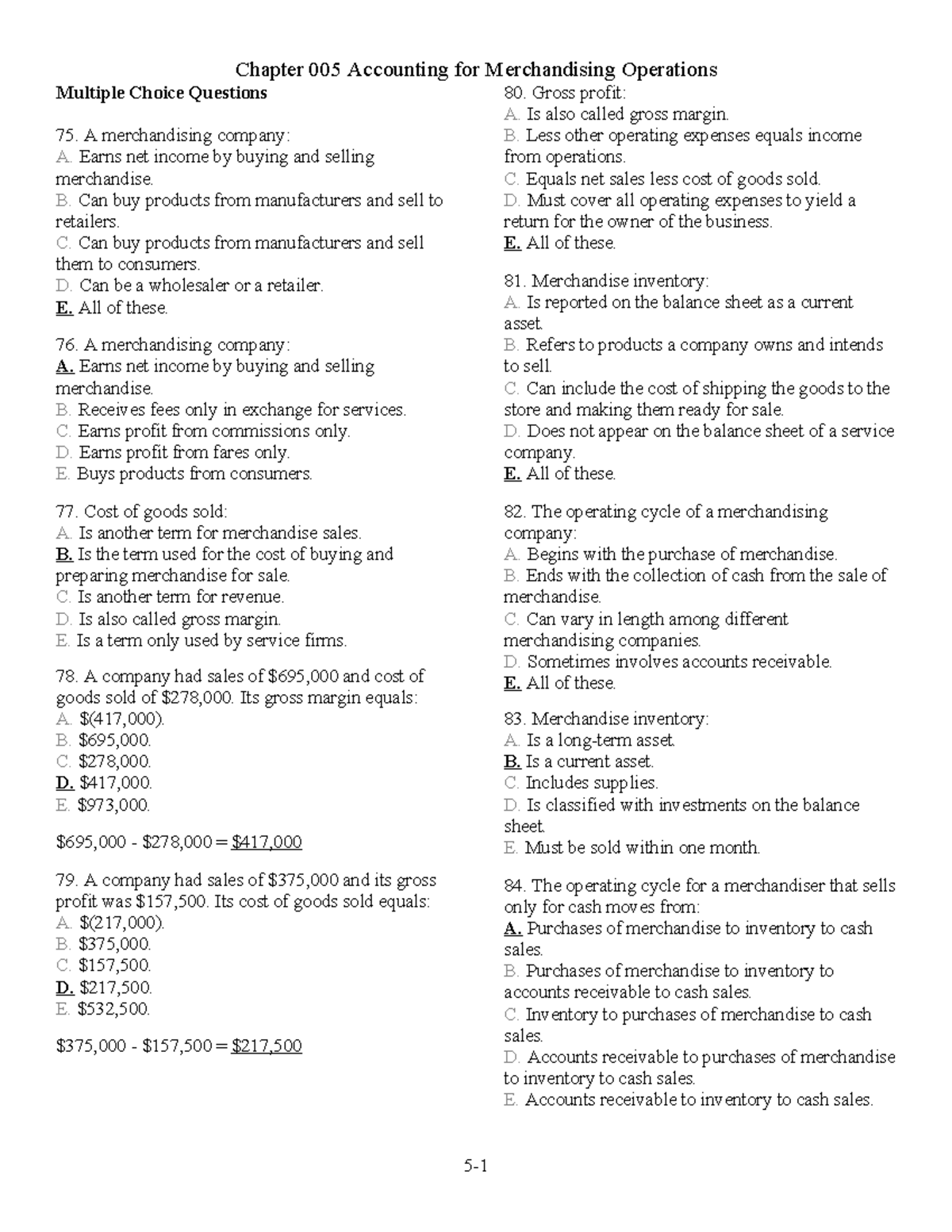 Chapter 005 Accounting for Merchandising Operations MCQs and Key ...