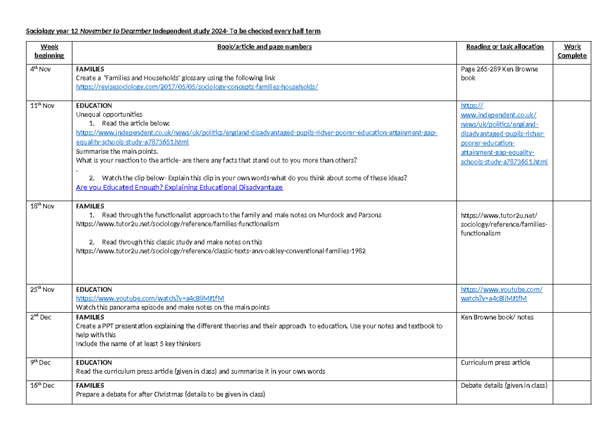 Sociology Year 12 Independent Study Guide: Nov-Dec 2024 Tasks ...