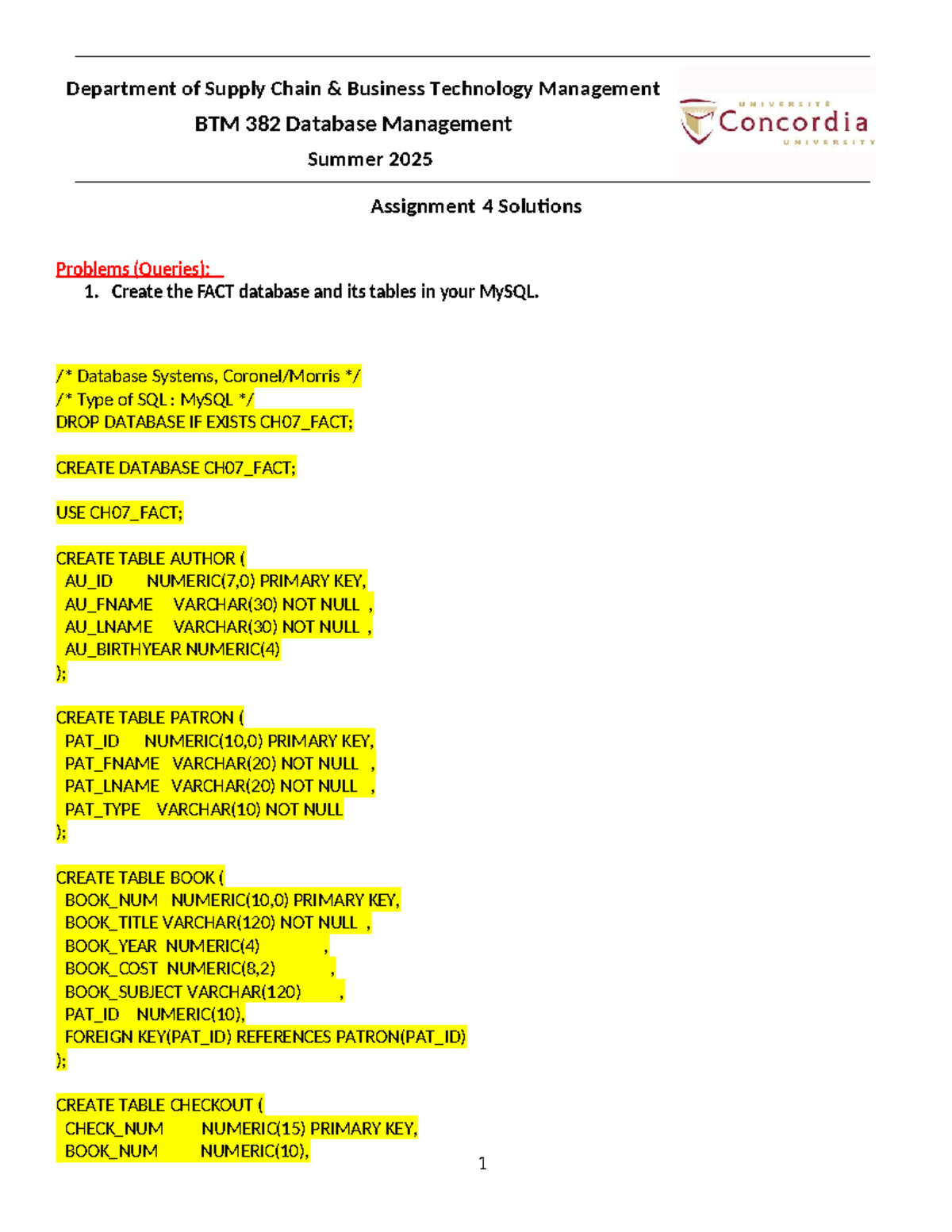 BTM 382 Summer 2025 Assignment 4 Database Management Solutions - Studocu