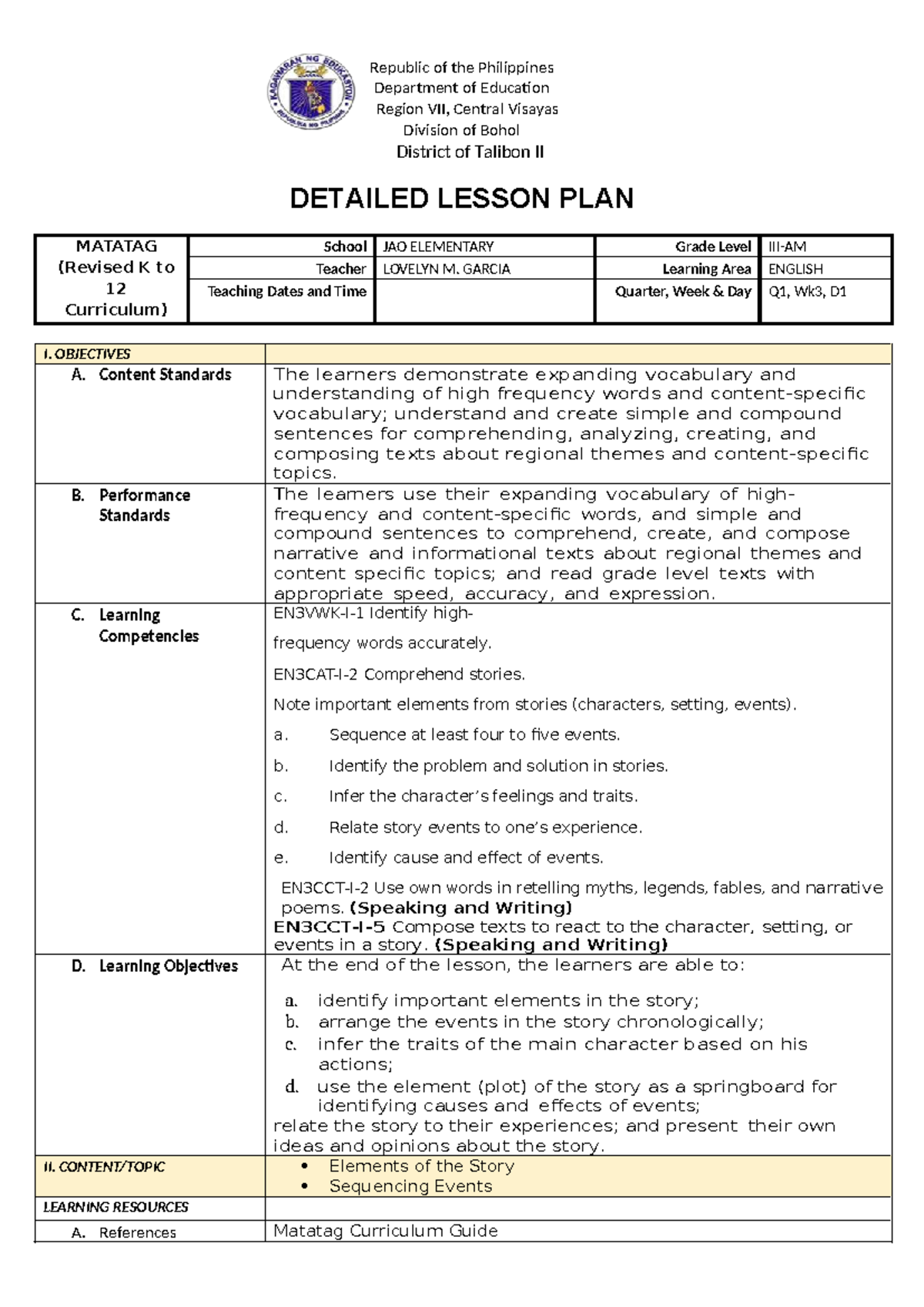 DLP English 3 Q1-Wk3-D1: Detailed Lesson Plan on Vocabulary & Story ...