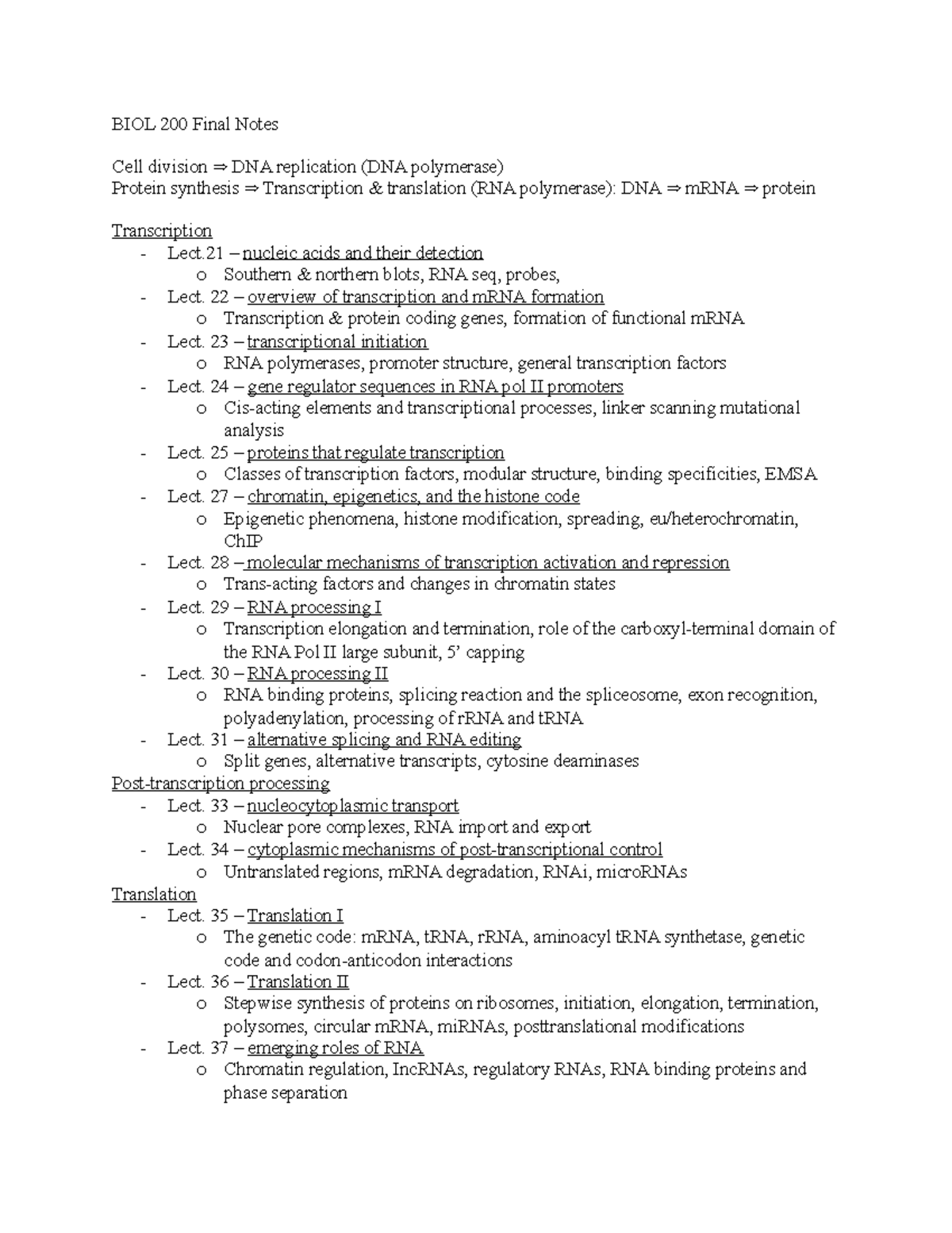 BIOL 200 Final Exam Study Notes: Transcription & Translation - Studocu