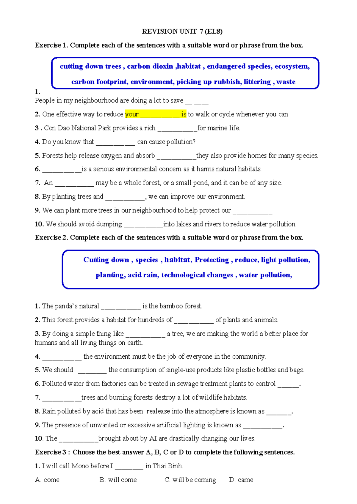Revision Unit 7 (DE): Environmental Awareness Exercises - Studocu