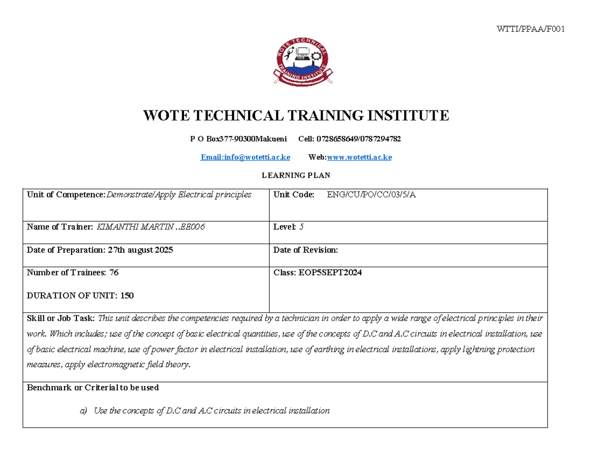 EE006 Level 5 EOP5SEPT2024 Electrical Principles Learning Plan - Studocu