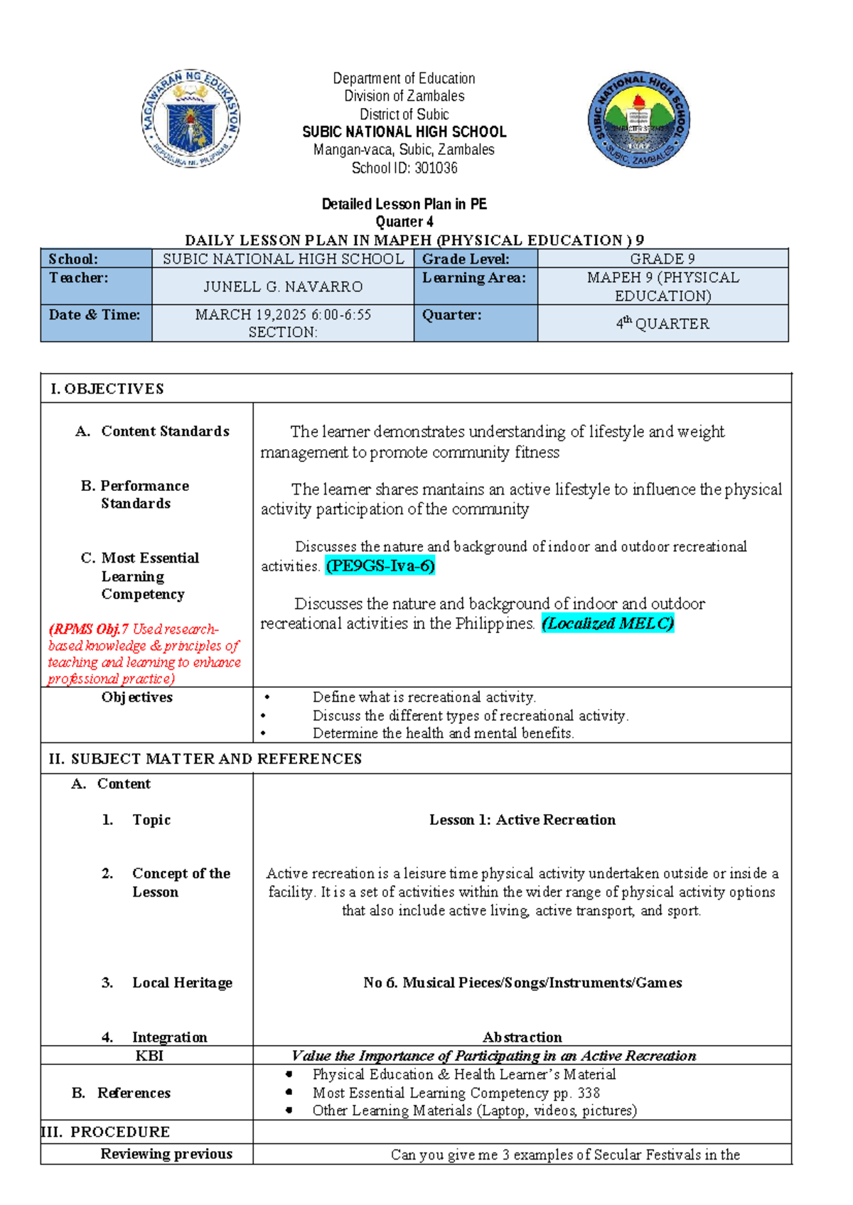 DLP MAPEH 9: Detailed Lesson Plan on Active Recreation - Studocu