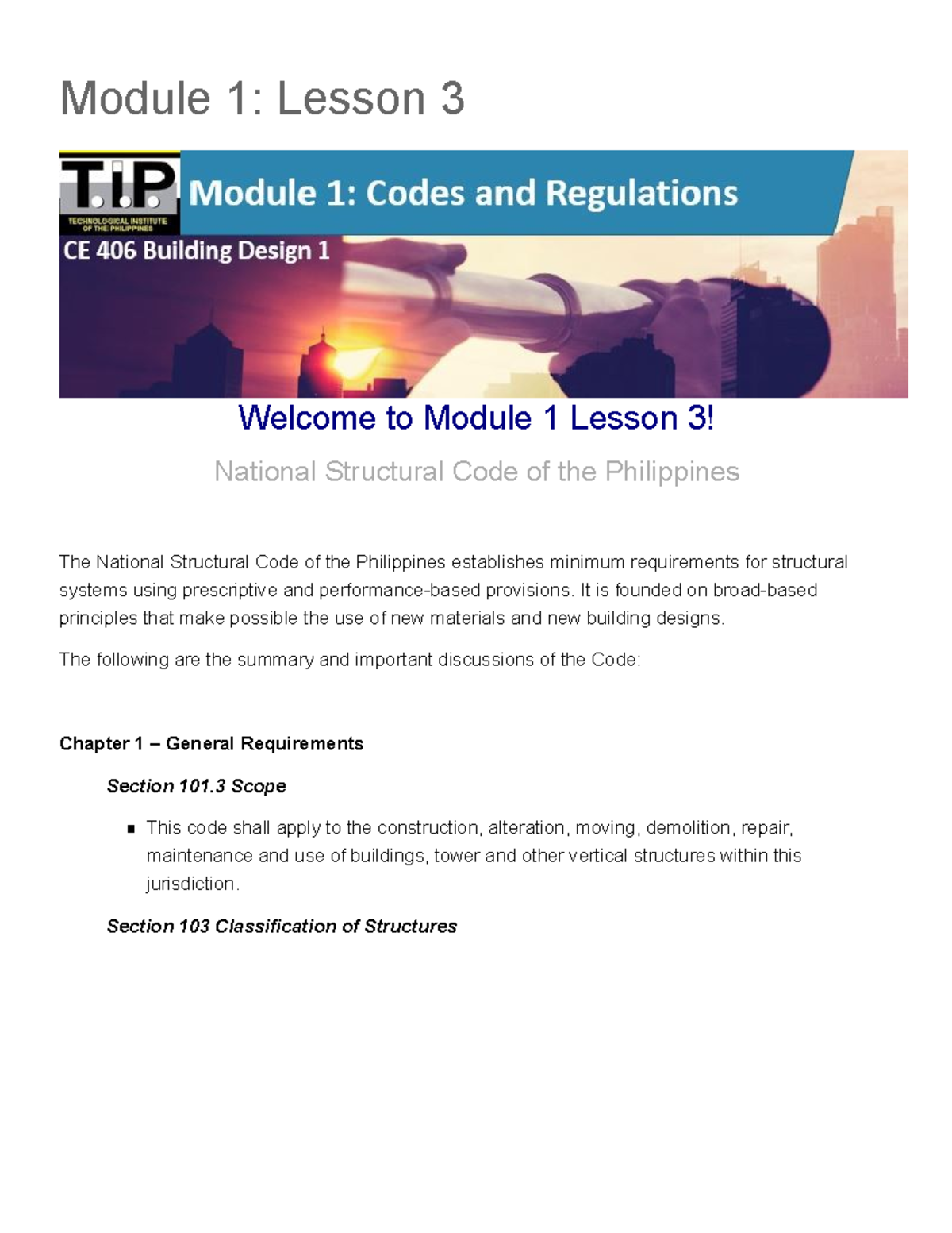 Module 1 Lesson 3 CE 104 - National Structural Code Overview - Studocu