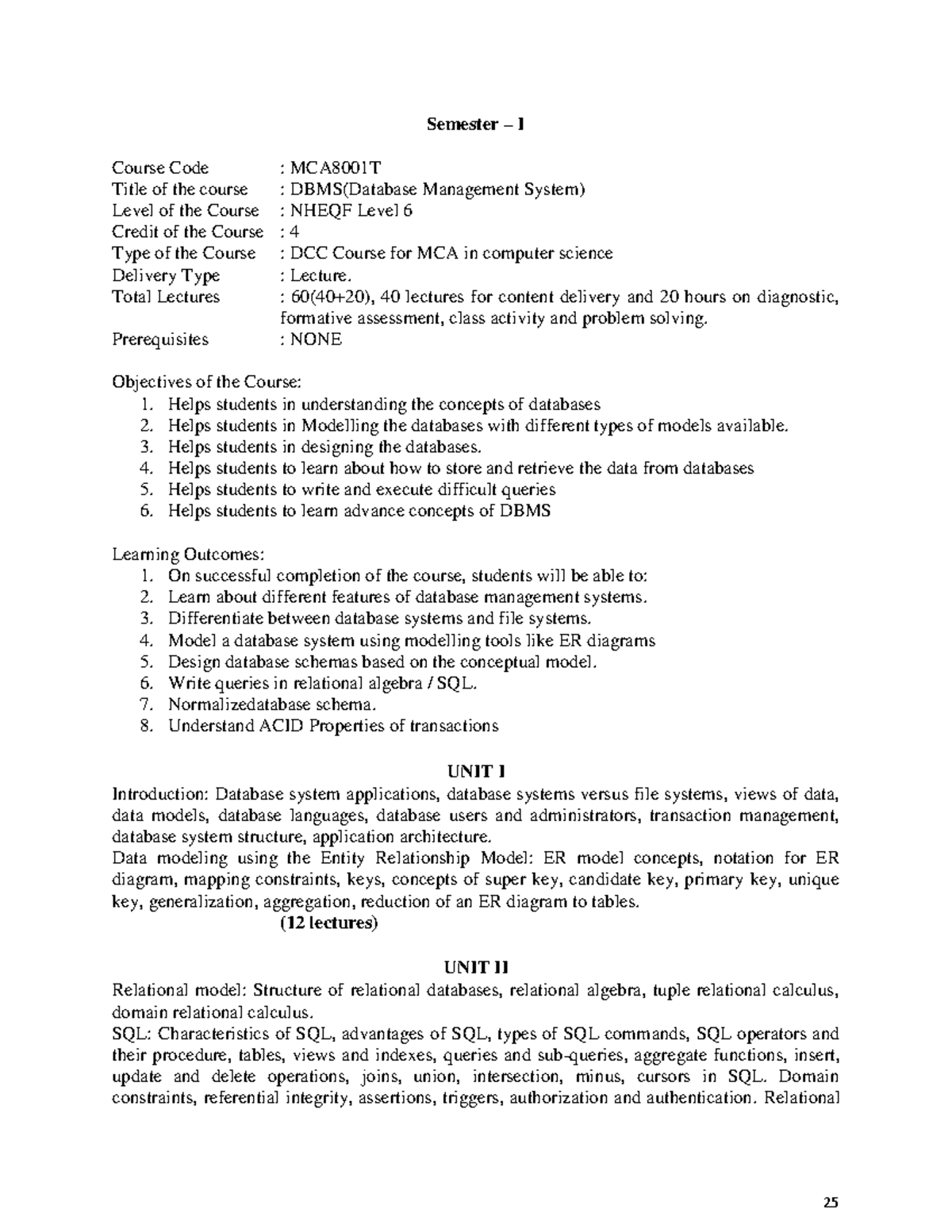 MCA8001T - DBMS Lecture Notes: Semester I Syllabus Overview - Studocu