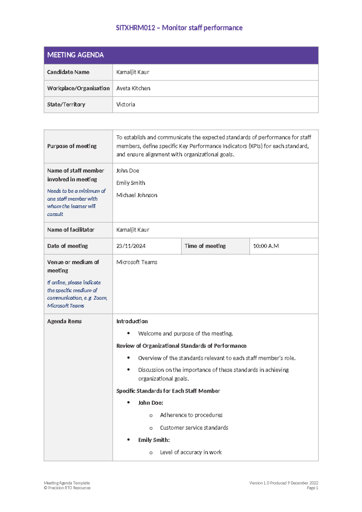 SITXHRM012 Meeting Agenda: Staff Performance Monitoring Template - Studocu