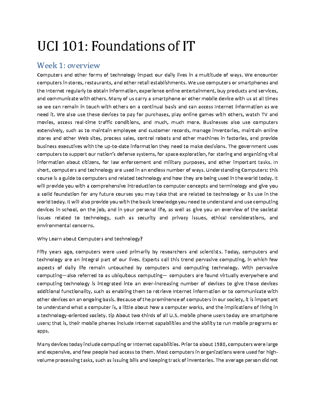 UCI 101: Foundations of IT Week 1 - Understanding Computers' Impact ...