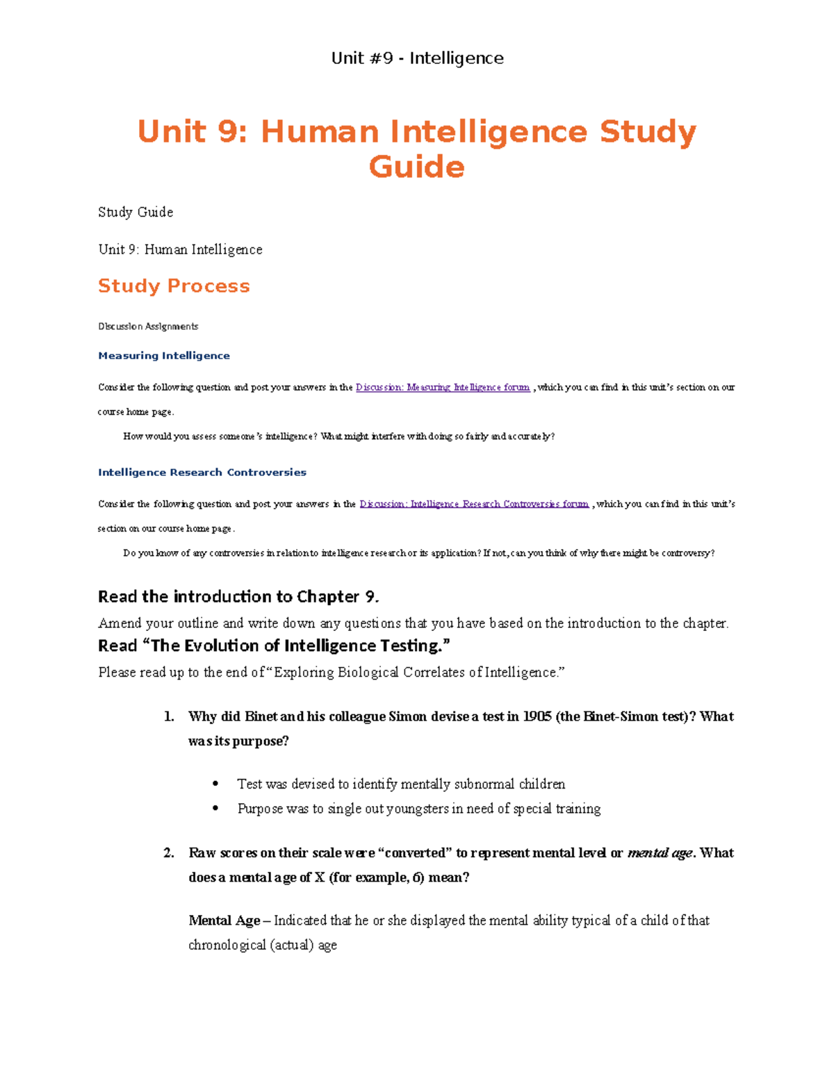 Psych 289 - Unit 9: Human Intelligence Study Guide and Discussion Notes ...