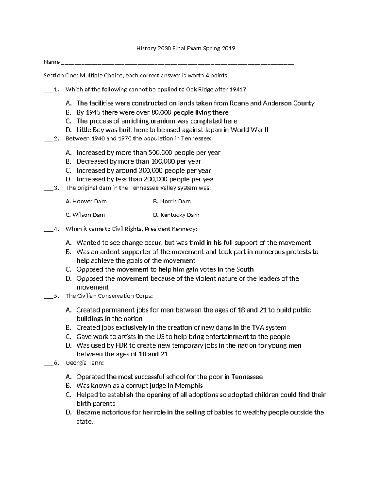 History 2030 Final Exam Spring 2019 - History 2030 Final Exam Spring ...