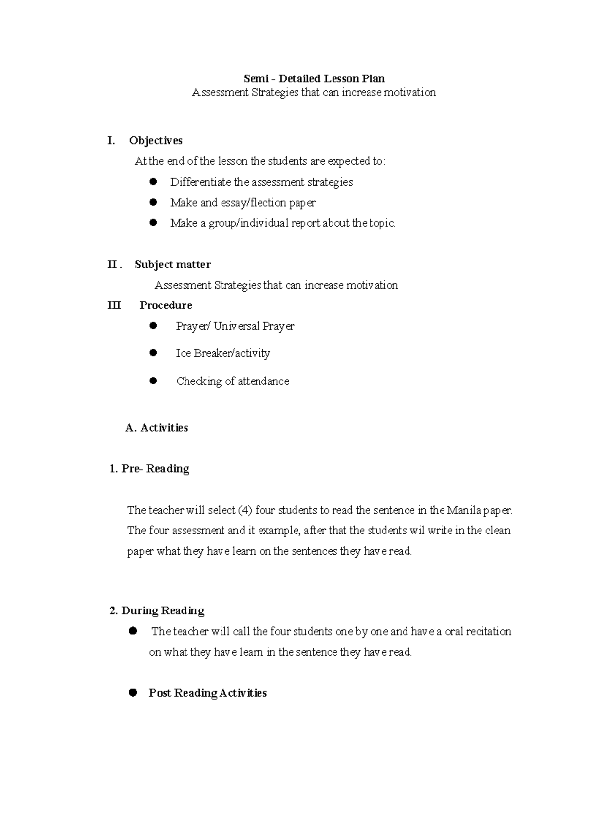 Assessment Strategies Semi-detailed Lesson Plan - Semi - Detailed ...