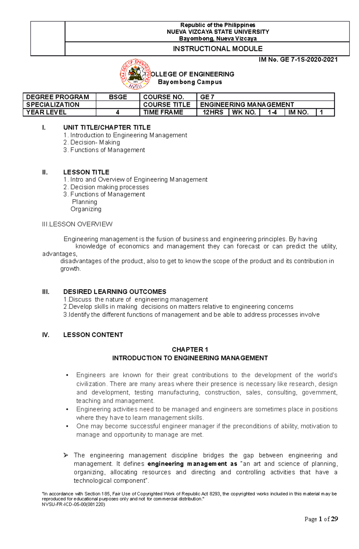 IM ENG MGMT 1 - Intro to Engineering Management: Decision-Making ...