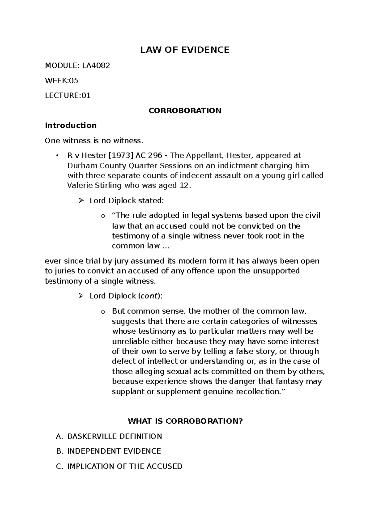 LA4082 WEEK 05 LECTURE 01: Understanding Corroboration in Evidence Law ...