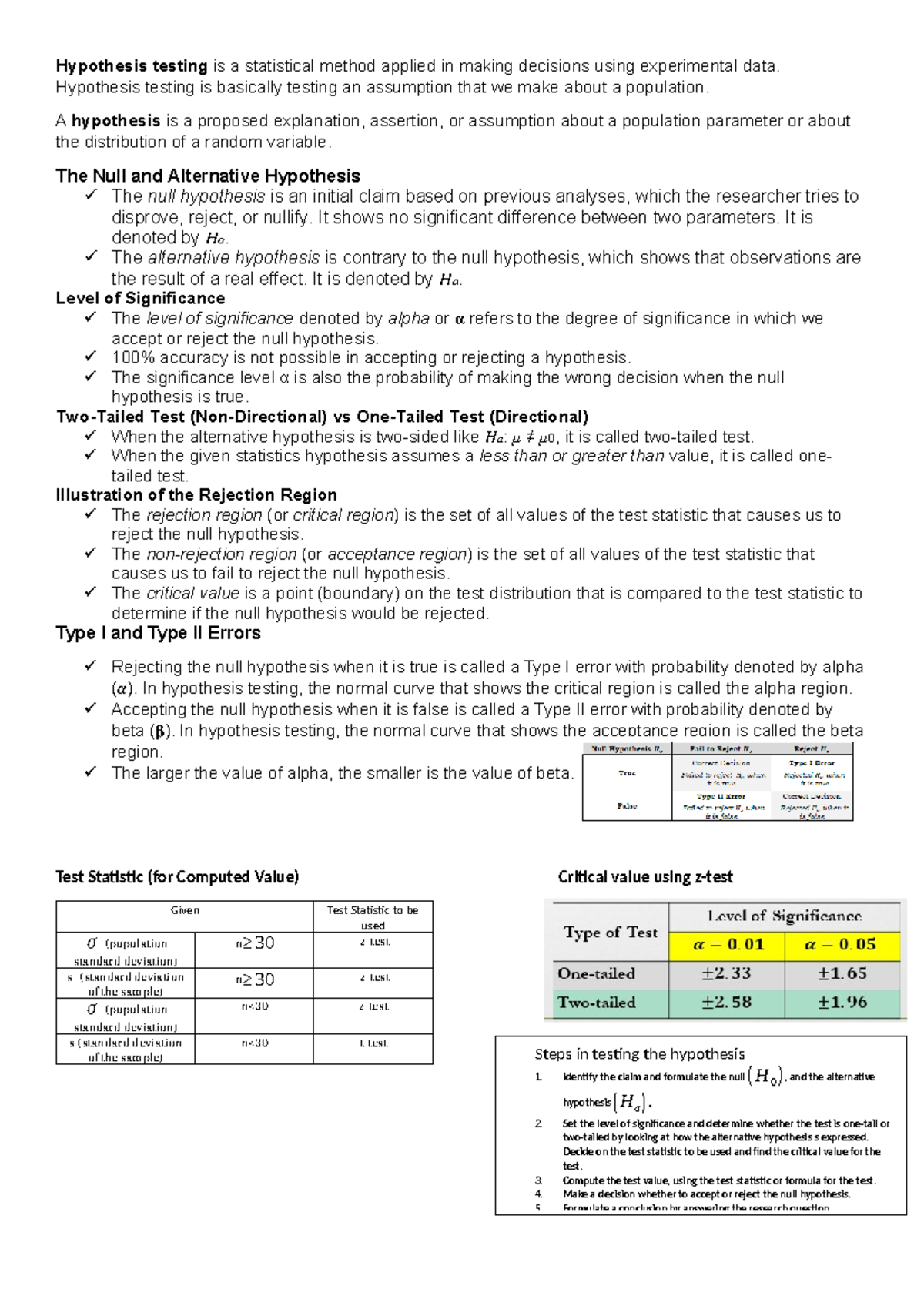Q4W1 - Lecture - Introduction to Hypothesis Testing in Statistics - Studocu