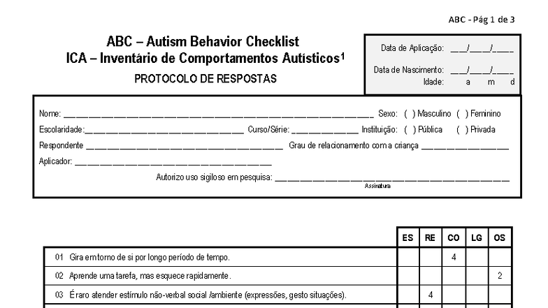 ABC Autism Behavior Checklist (ICA): Protocolo de Respostas - Studocu