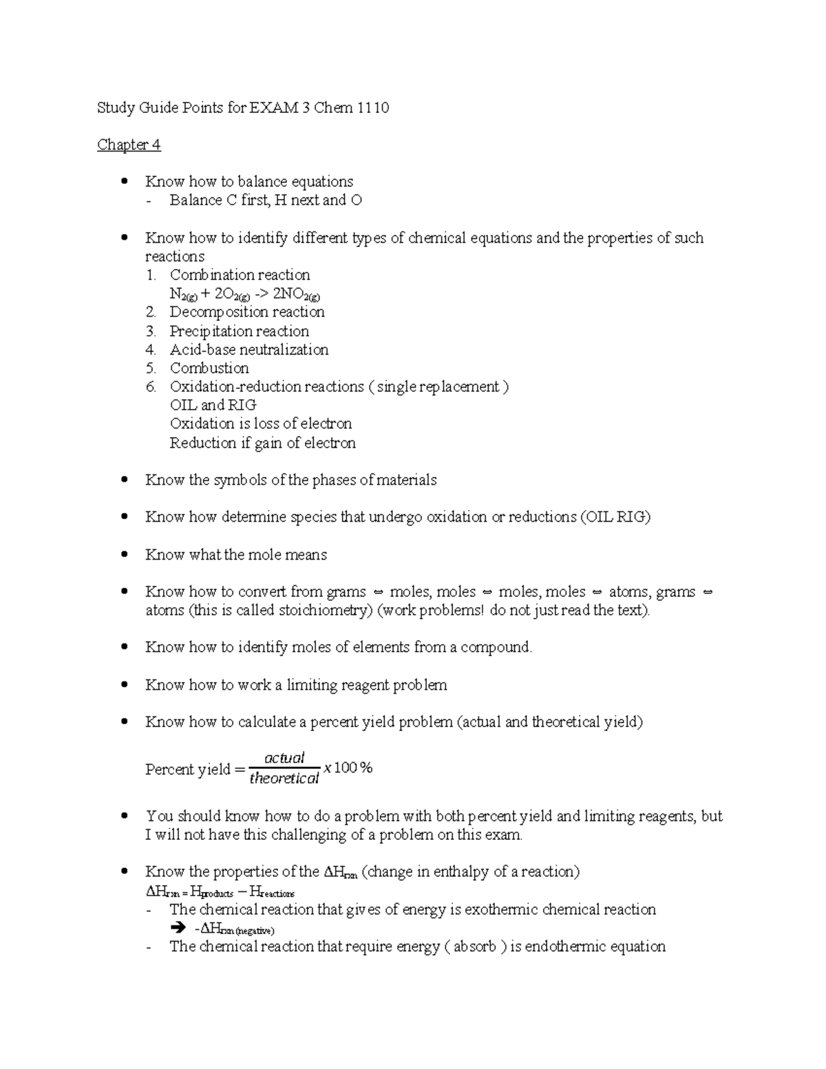 Study Guide for EXAM 3 - Chem 1110: Equations, Gas Laws & Reactions ...