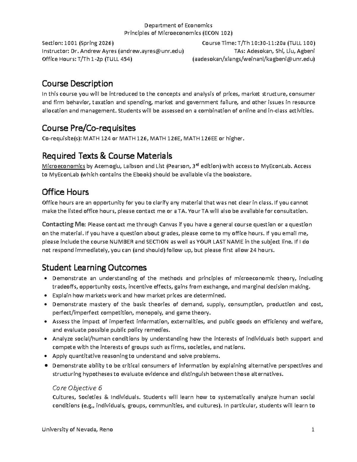 Principles of Microeconomics (ECON 102) Syllabus - Spring 2026 - Studocu