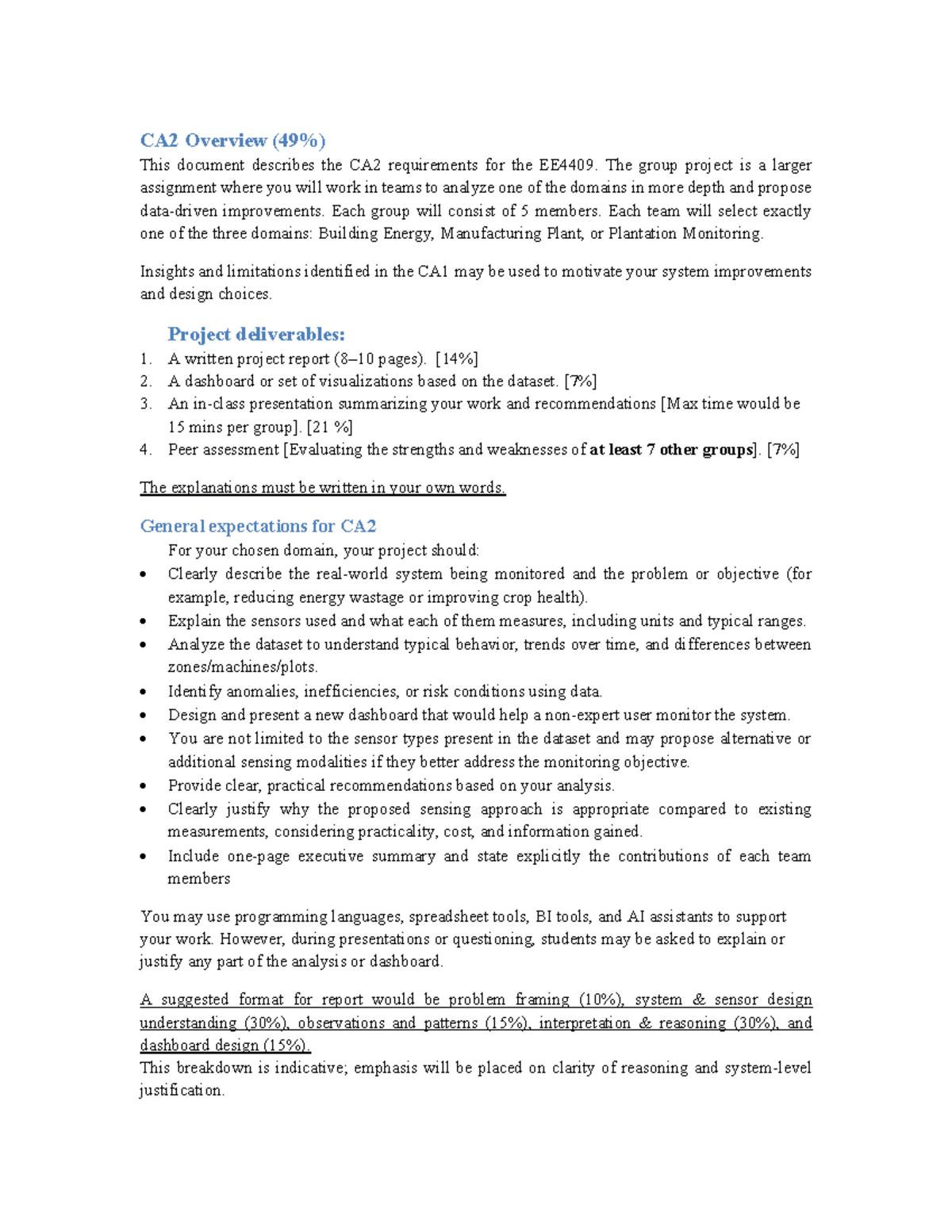 EE4409 CA2 Project Guidelines: Team Analysis & Improvements - Studocu