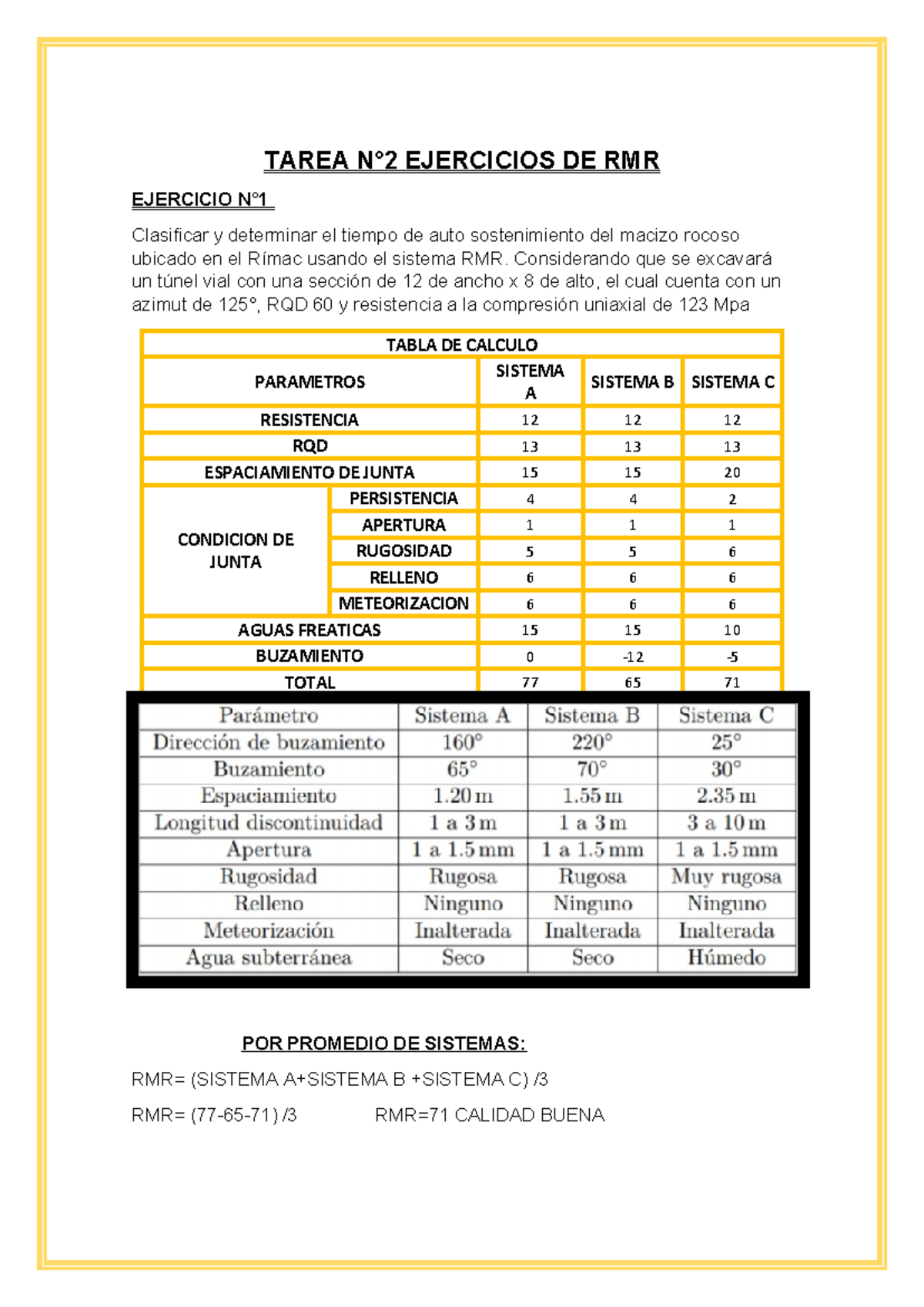 TAREA N°2: Ejercicios de RMR y Auto Sostenimiento en Geomecánica - Studocu
